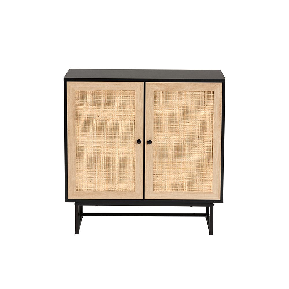 Baxton Studio Declan Mid-Century Modern Espresso Brown Finished Wood and Natural Rattan 2-Door Storage Cabinet