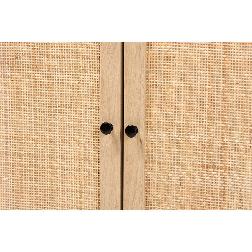 Baxton Studio Declan Mid-Century Modern Espresso Brown Finished Wood and Natural Rattan 2-Door Storage Cabinet