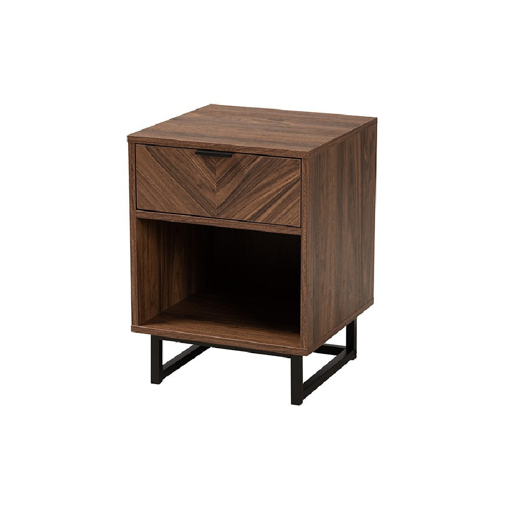 Baxton Studio Sadia Modern Walnut Brown Finished Wood and Black Metal 1-Drawer End Table WHI-LCF20211284-Walnut-ET