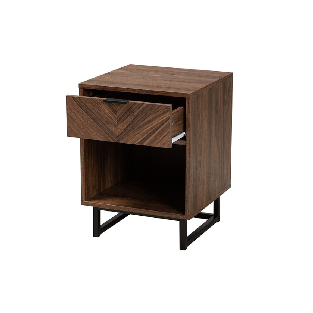 Baxton Studio Sadia Modern Walnut Brown Finished Wood and Black Metal 1-Drawer End Table WHI-LCF20211284-Walnut-ET