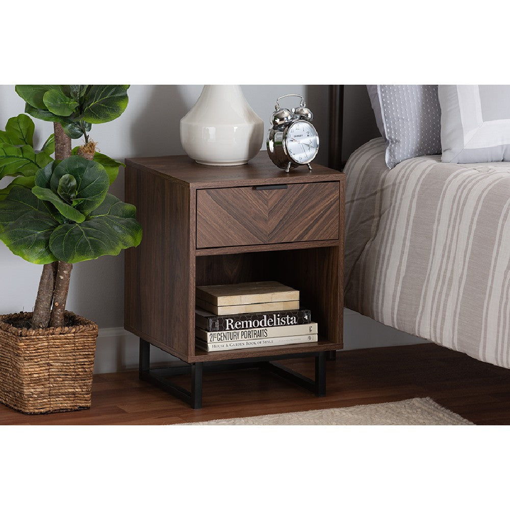 Baxton Studio Sadia Modern Walnut Brown Finished Wood and Black Metal 1-Drawer End Table WHI-LCF20211284-Walnut-ET