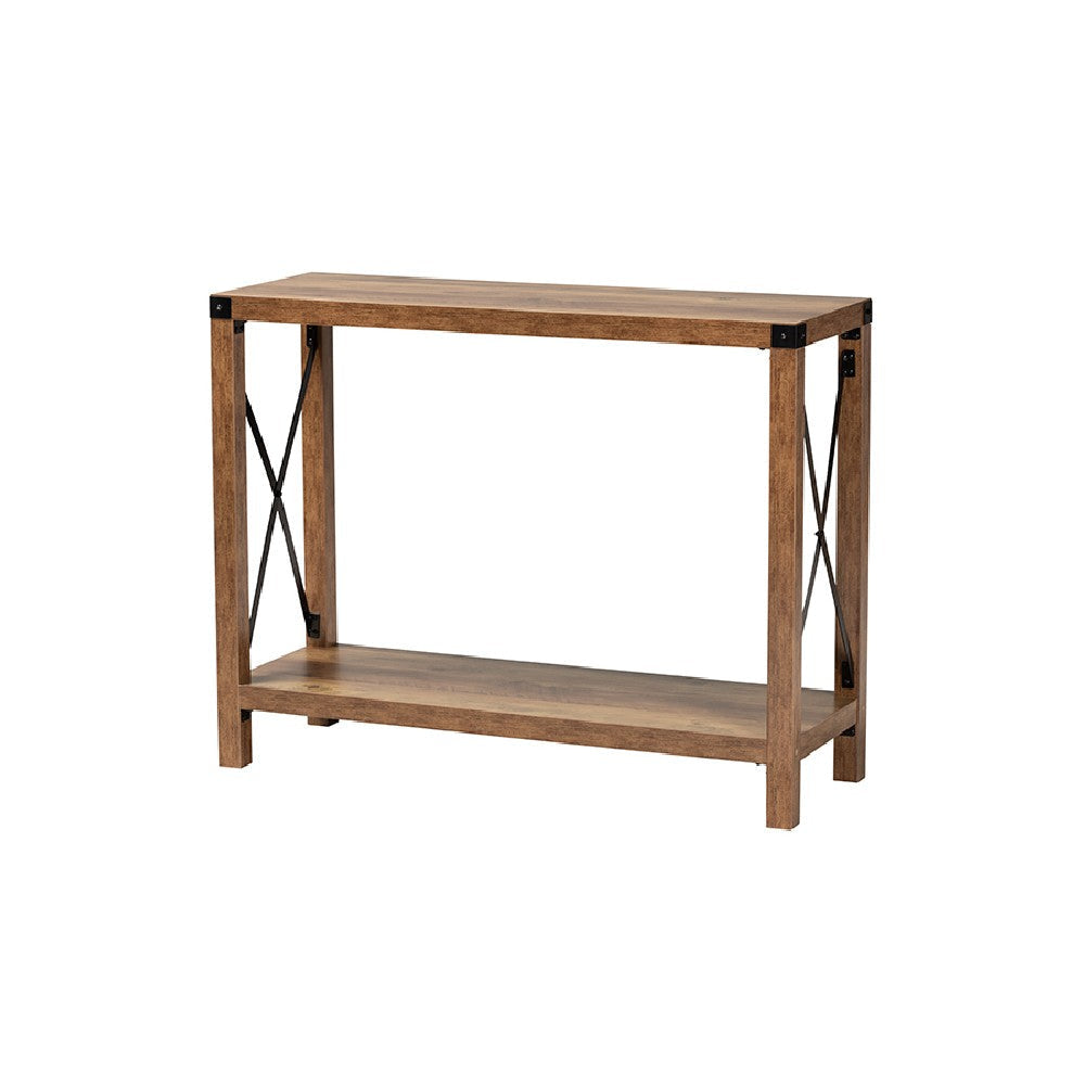 Baxton Studio Rumi Modern Farmhouse Natural Brown Finished Wood and Black Metal Console Table WHI-LCF20330-Wood-Console-Table
