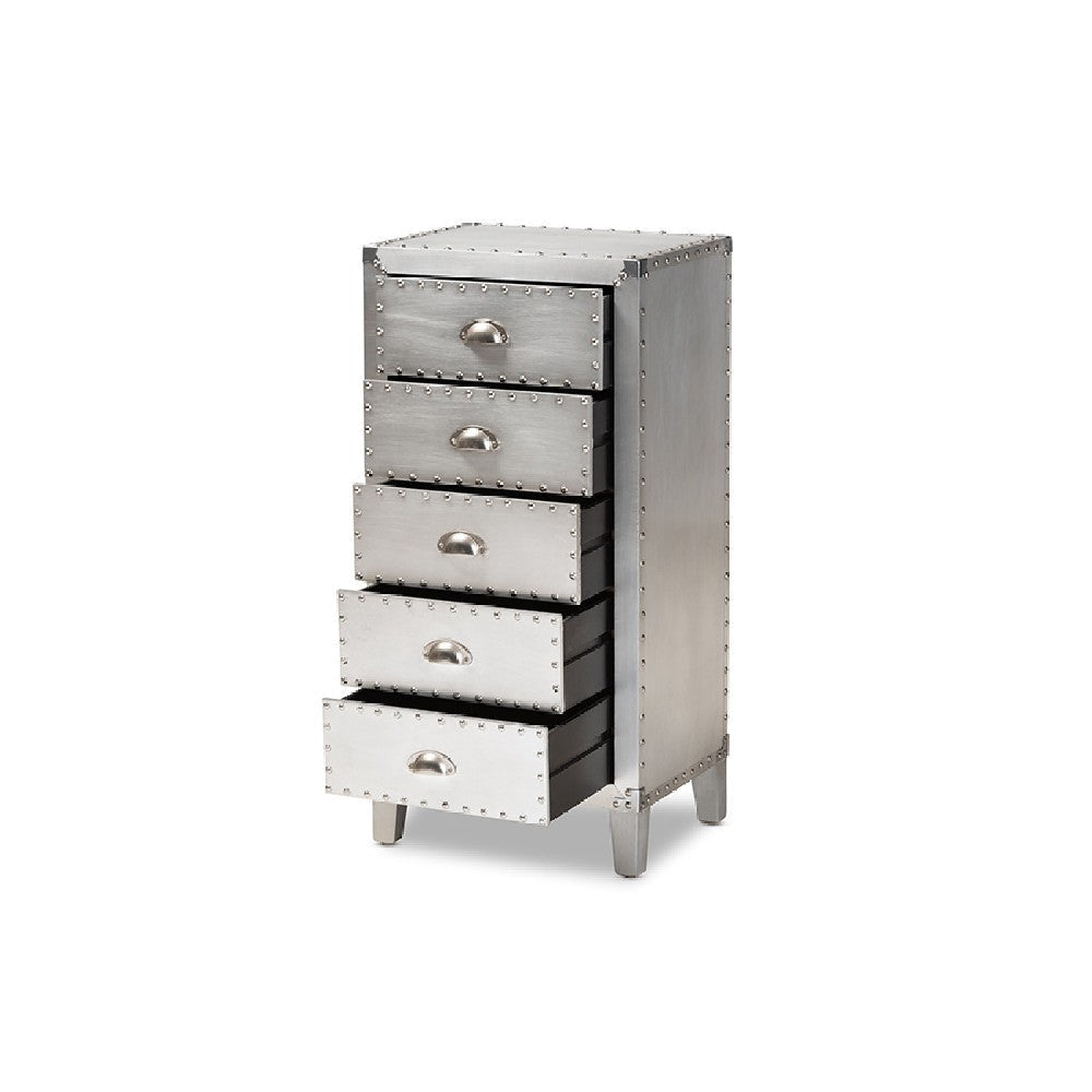 Baxton Studio Carel French Industrial Silver Metal 5-Drawer Accent Storage Cabinet WHI-LD18B054-Silver-5DW-Cabinet