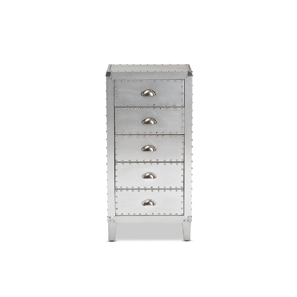 Baxton Studio Carel French Industrial Silver Metal 5-Drawer Accent Storage Cabinet WHI-LD18B054-Silver-5DW-Cabinet
