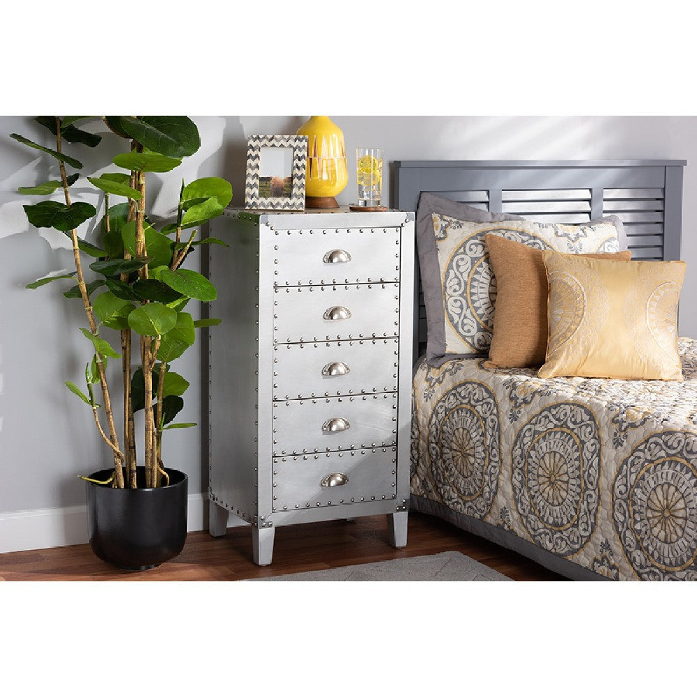 Baxton Studio Carel French Industrial Silver Metal 5-Drawer Accent Storage Cabinet WHI-LD18B054-Silver-5DW-Cabinet