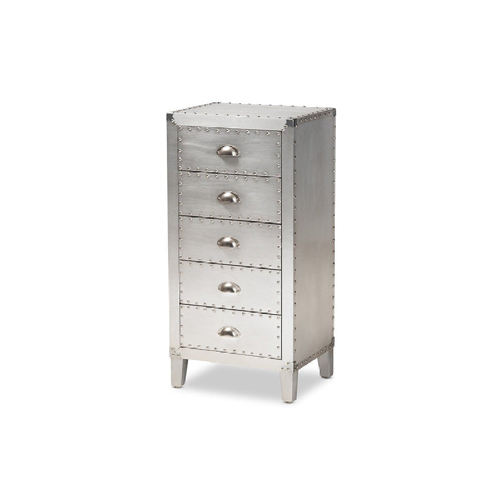 Baxton Studio Carel French Industrial Silver Metal 5-Drawer Accent Storage Cabinet WHI-LD18B054-Silver-5DW-Cabinet
