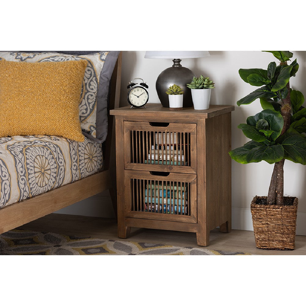 Baxton Studio Clement Rustic Transitional Medium Oak Finished 2-Drawer Wood Spindle End Table