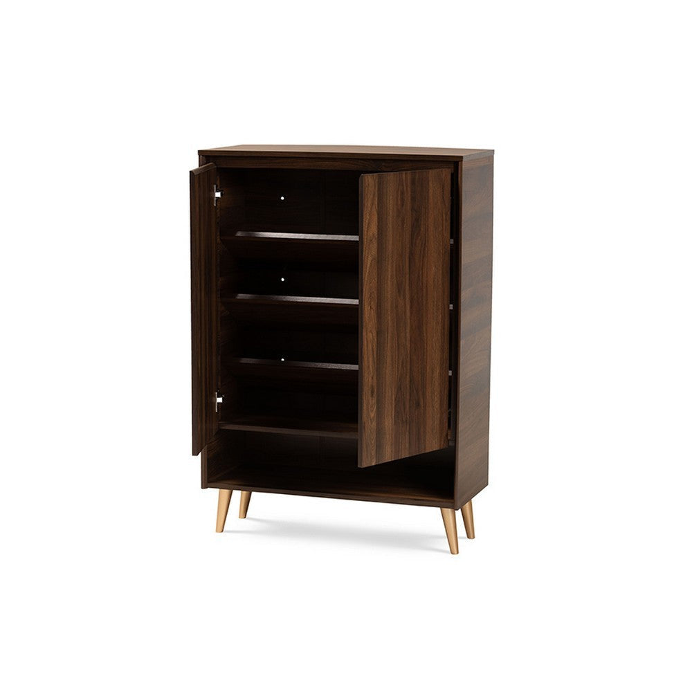 Baxton Studio Landen Mid-Century Modern Walnut Brown and Gold Finished Wood 2-Door Entryway Shoe storage Cabinet