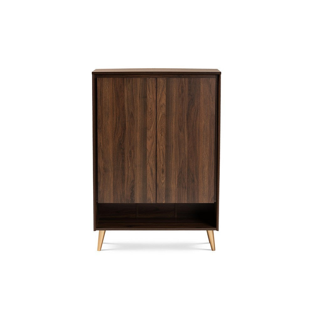 Baxton Studio Landen Mid-Century Modern Walnut Brown and Gold Finished Wood 2-Door Entryway Shoe storage Cabinet