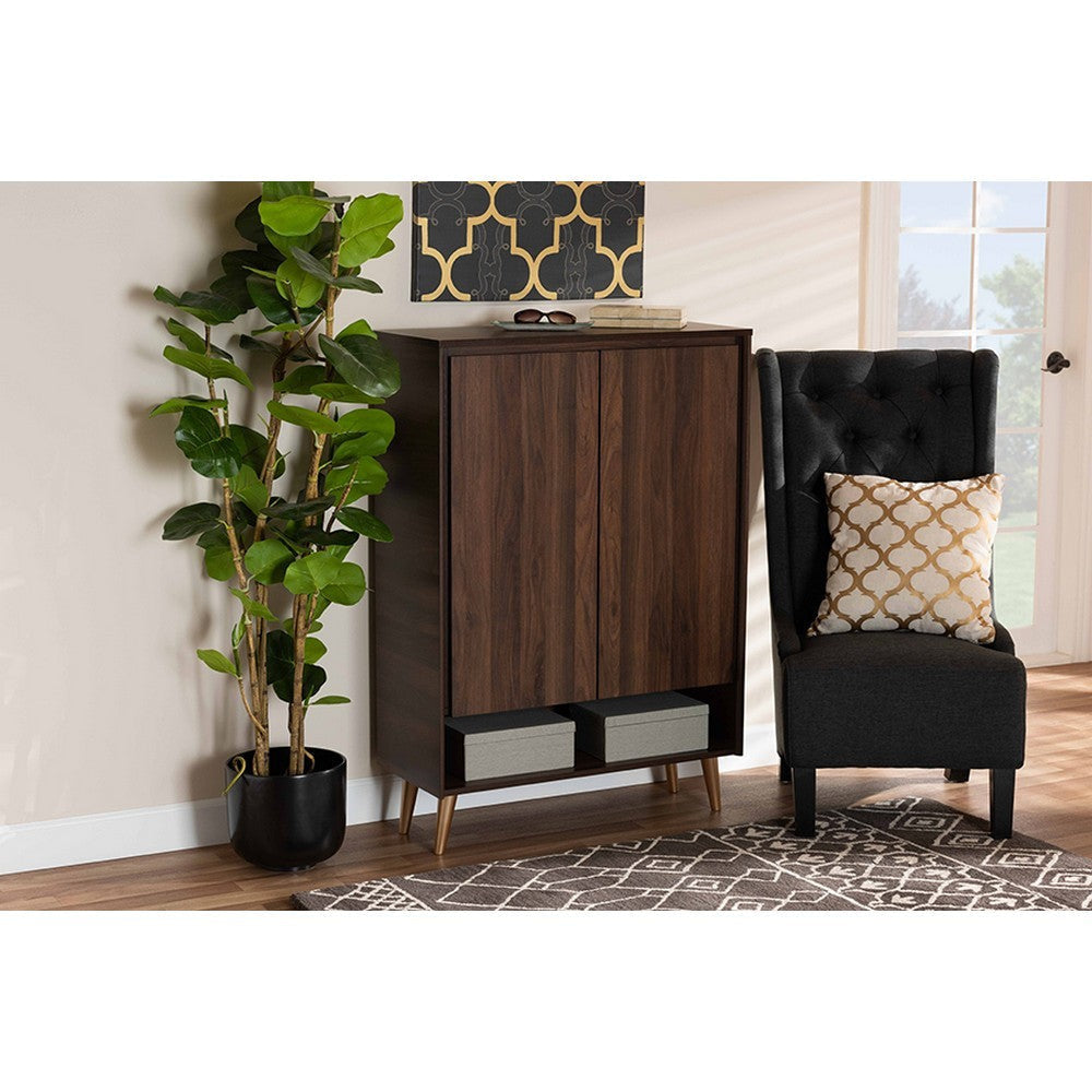 Baxton Studio Landen Mid-Century Modern Walnut Brown and Gold Finished Wood 2-Door Entryway Shoe storage Cabinet