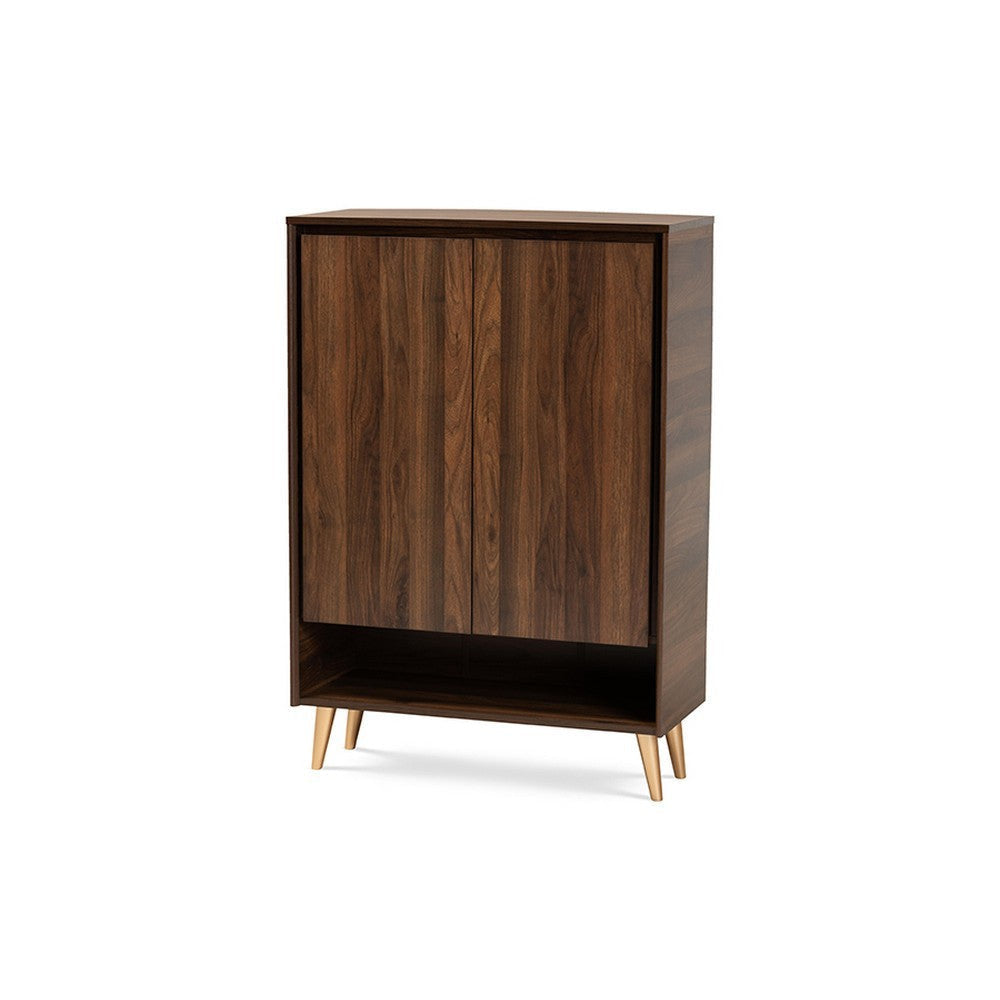 Baxton Studio Landen Mid-Century Modern Walnut Brown and Gold Finished Wood 2-Door Entryway Shoe storage Cabinet