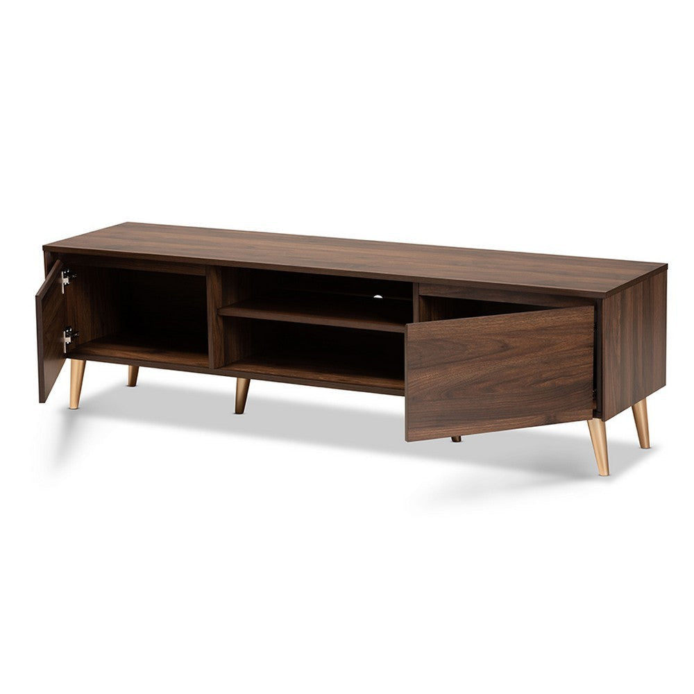 Baxton Studio Landen Mid-Century Modern Walnut Brown and Gold Finished Wood TV Stand WHI-LV10TV1013WI-Columbia-Gold-TV