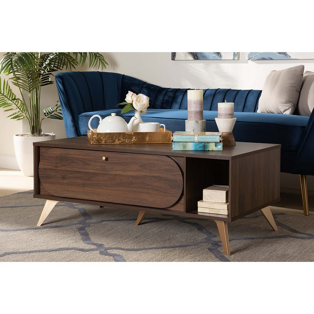 Baxton Studio Edel Mid-Century Modern Walnut Brown and Gold Finished Wood Coffee Table