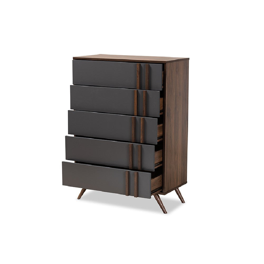 Baxton Studio Naoki Modern and Contemporary Two-Tone Grey and Walnut Finished Wood 5-Drawer Bedroom Chest