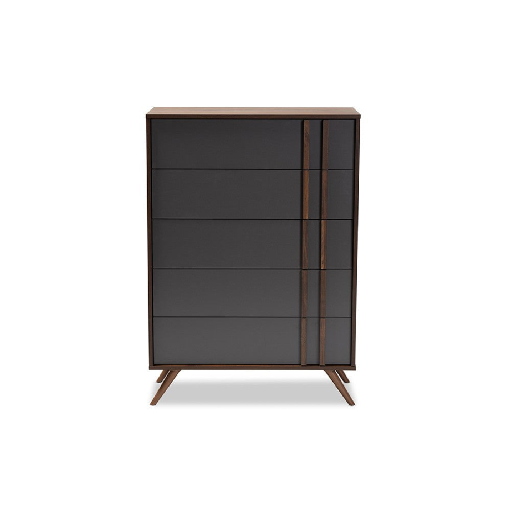 Baxton Studio Naoki Modern and Contemporary Two-Tone Grey and Walnut Finished Wood 5-Drawer Bedroom Chest