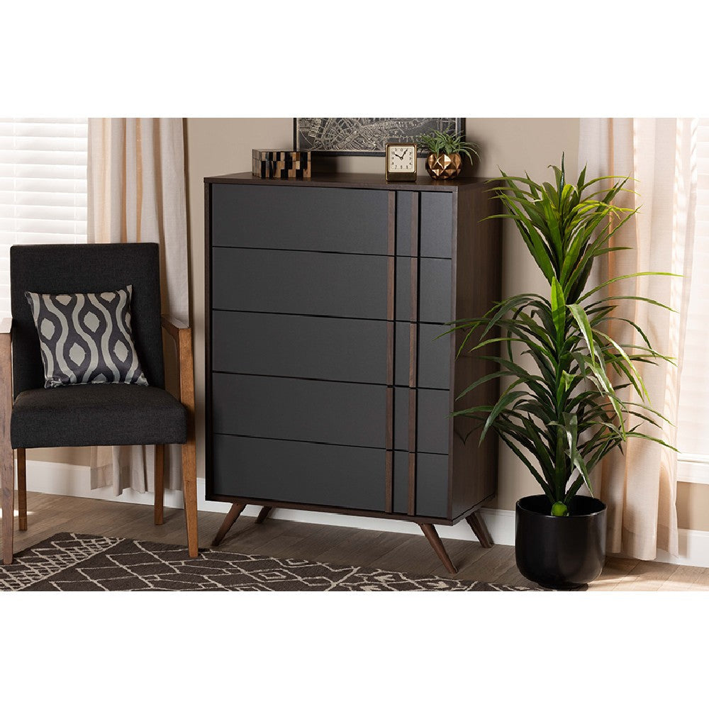 Baxton Studio Naoki Modern and Contemporary Two-Tone Grey and Walnut Finished Wood 5-Drawer Bedroom Chest
