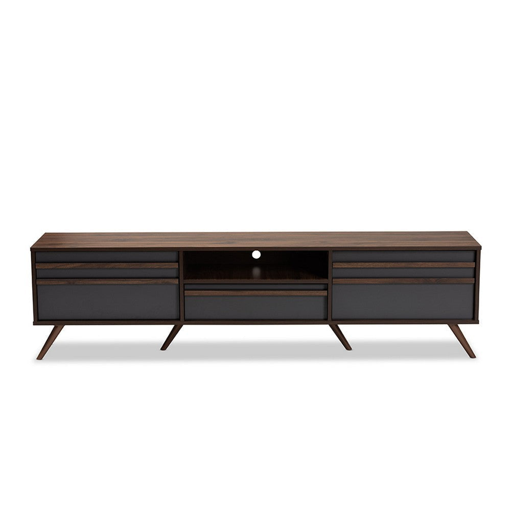 Baxton Studio Naoki Modern and Contemporary Two-Tone Grey and Walnut Finished Wood TV Stand with Drop-Down Compartments