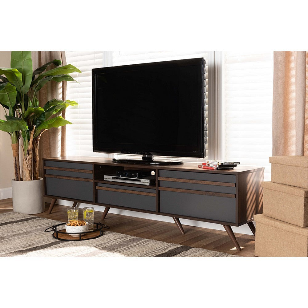 Baxton Studio Naoki Modern and Contemporary Two-Tone Grey and Walnut Finished Wood TV Stand with Drop-Down Compartments