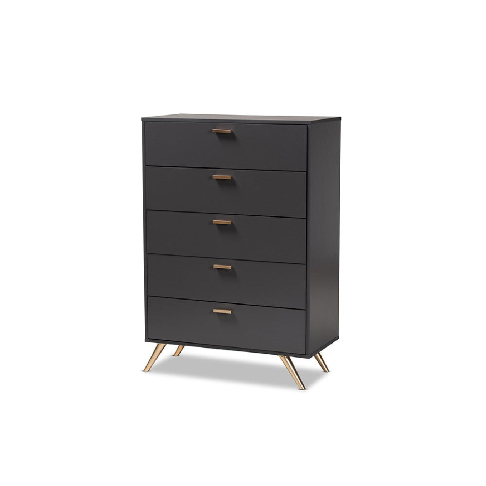 Baxton Studio Kelson Modern and Contemporary Dark Grey and Gold Finished Wood 5-Drawer Chest WHI-LV19COD1923-Dark-Grey-5DW-Chest