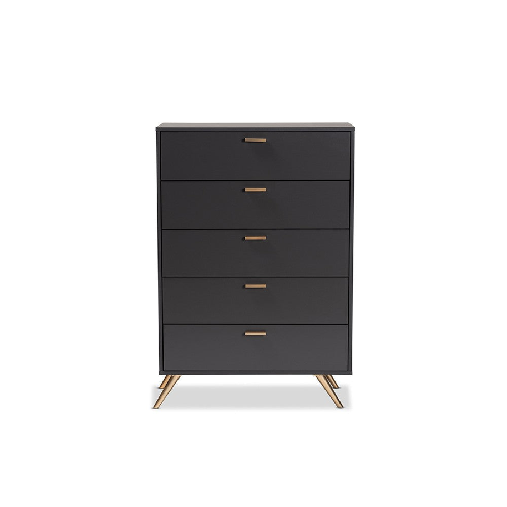 Baxton Studio Kelson Modern and Contemporary Dark Grey and Gold Finished Wood 5-Drawer Chest WHI-LV19COD1923-Dark-Grey-5DW-Chest