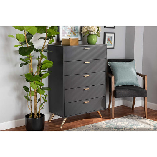 Baxton Studio Kelson Modern and Contemporary Dark Grey and Gold Finished Wood 5-Drawer Chest