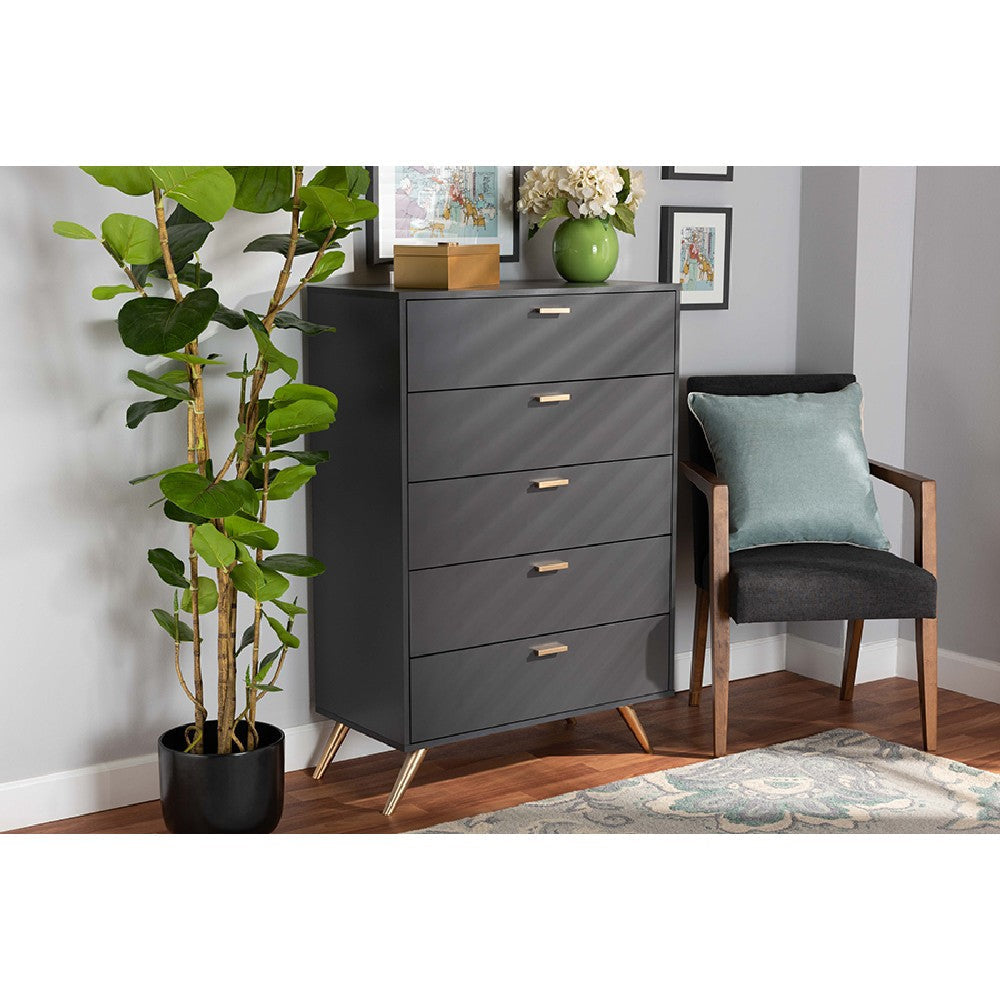 Baxton Studio Kelson Modern and Contemporary Dark Grey and Gold Finished Wood 5-Drawer Chest