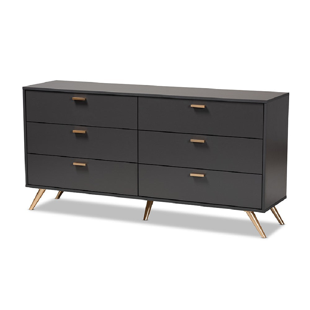 Baxton Studio Kelson Modern and Contemporary Dark Grey and Gold Finished Wood 6-Drawer Dresser WHI-LV19COD19231-Dark-Grey-6DW-Dresser