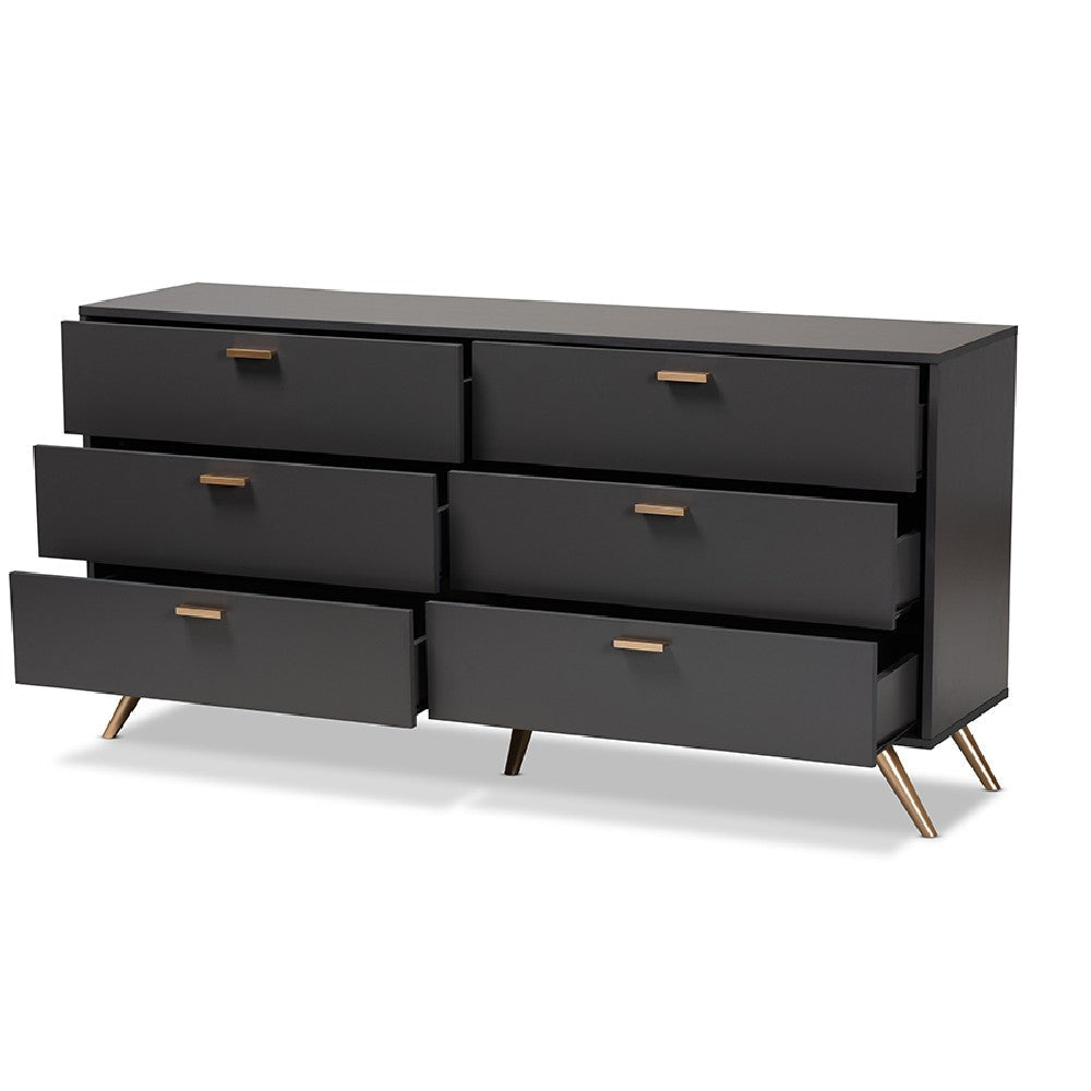 Baxton Studio Kelson Modern and Contemporary Dark Grey and Gold Finished Wood 6-Drawer Dresser WHI-LV19COD19231-Dark-Grey-6DW-Dresser