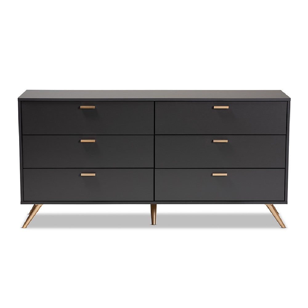Baxton Studio Kelson Modern and Contemporary Dark Grey and Gold Finished Wood 6-Drawer Dresser WHI-LV19COD19231-Dark-Grey-6DW-Dresser