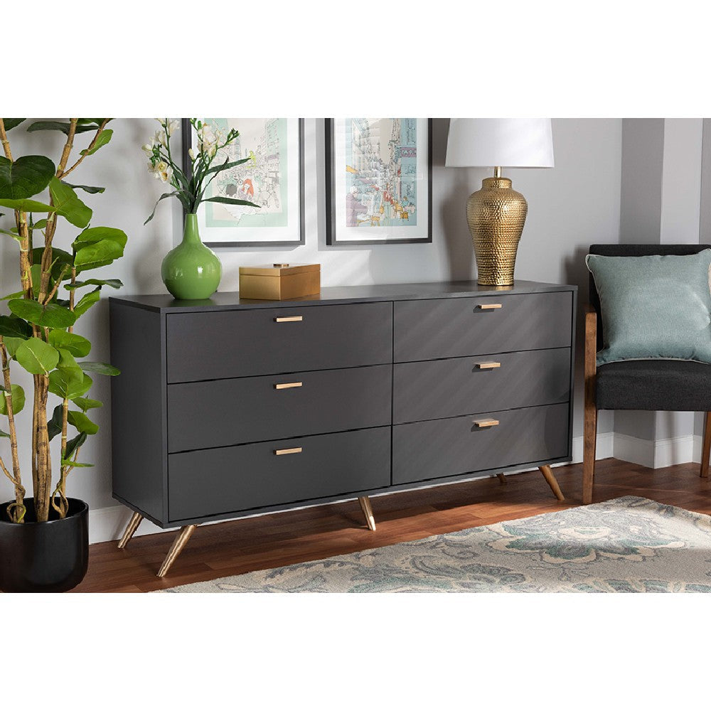 Baxton Studio Kelson Modern and Contemporary Dark Grey and Gold Finished Wood 6-Drawer Dresser