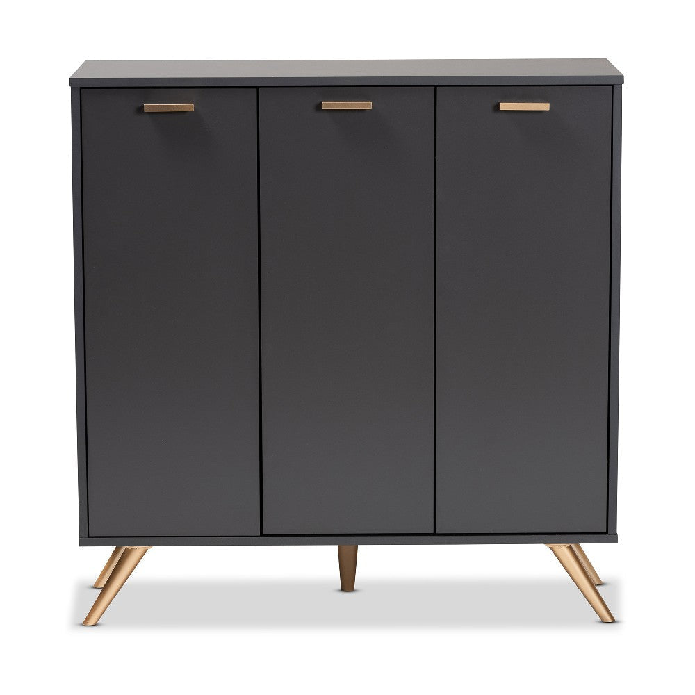 Baxton Studio Kelson Modern and Contemporary Dark Grey and Gold Finished Wood 3-Door Shoe Cabinet WHI-LV19SC1915-Dark-Grey-Shoe-Cabinet