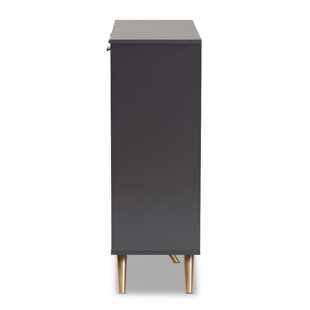 Baxton Studio Kelson Modern and Contemporary Dark Grey and Gold Finished Wood 3-Door Shoe Cabinet WHI-LV19SC1915-Dark-Grey-Shoe-Cabinet