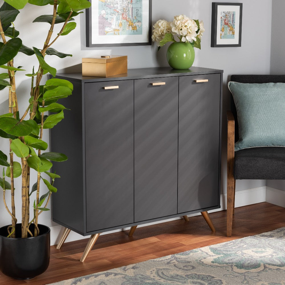 Baxton Studio Kelson Modern and Contemporary Dark Grey and Gold Finished Wood 3-Door Shoe Cabinet WHI-LV19SC1915-Dark-Grey-Shoe-Cabinet