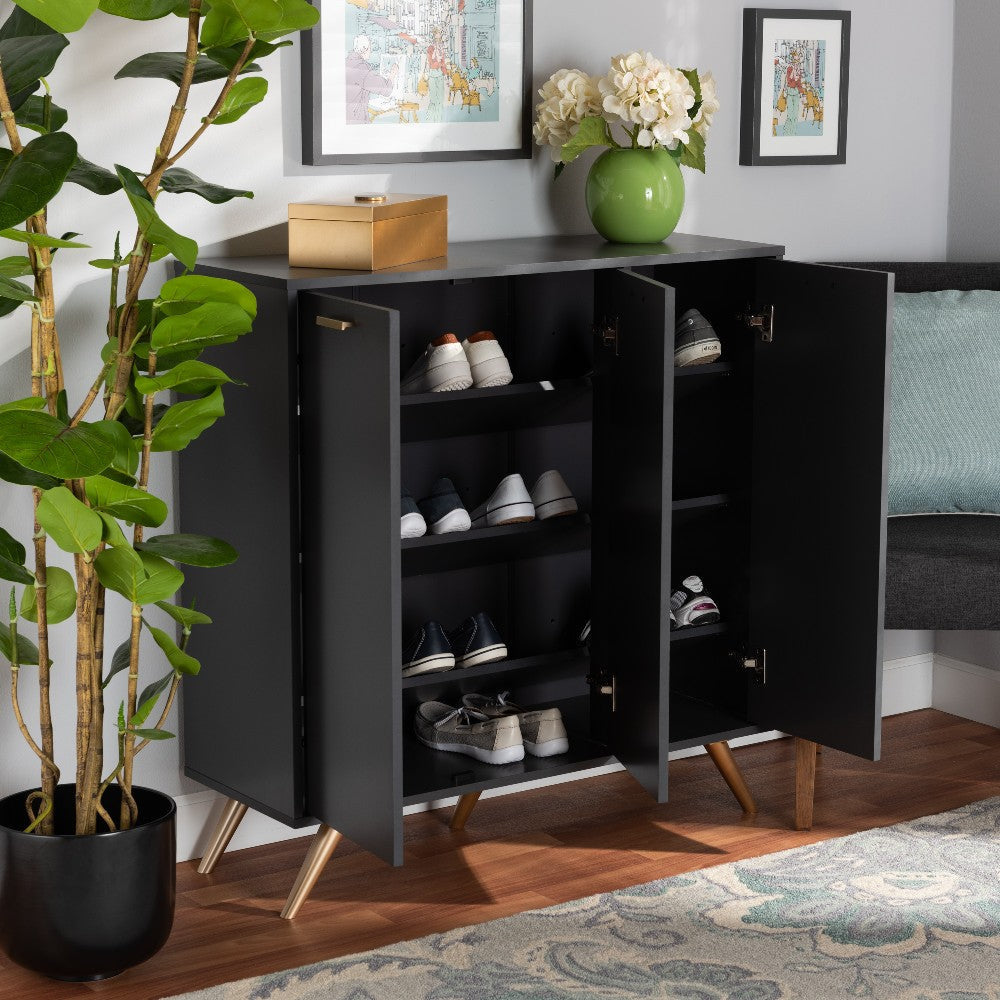 Baxton Studio Kelson Modern and Contemporary Dark Grey and Gold Finished Wood 3-Door Shoe Cabinet