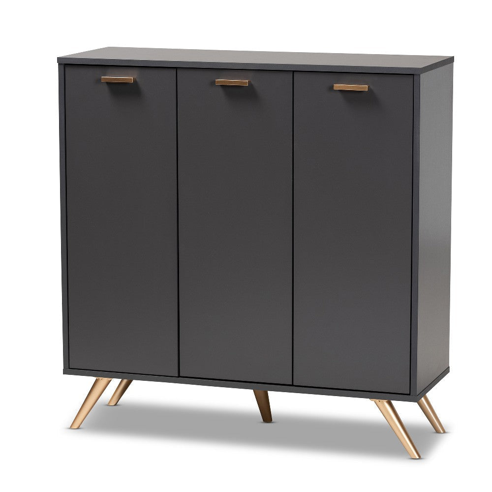 Baxton Studio Kelson Modern and Contemporary Dark Grey and Gold Finished Wood 3-Door Shoe Cabinet WHI-LV19SC1915-Dark-Grey-Shoe-Cabinet