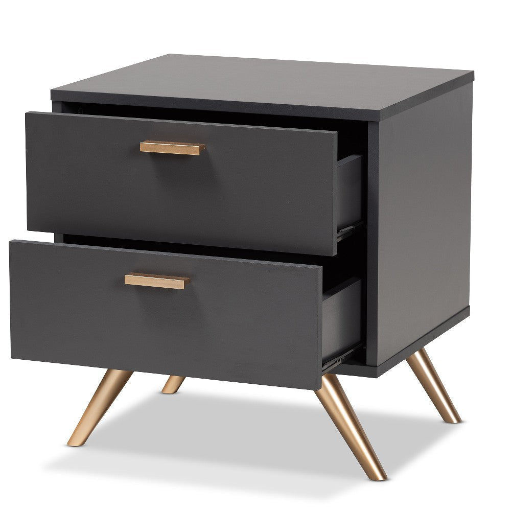 Baxton Studio Kelson Modern and Contemporary Dark Grey and Gold Finished Wood 2-Drawer Nightstand WHI-LV19ST1924-Dark-Grey-NS