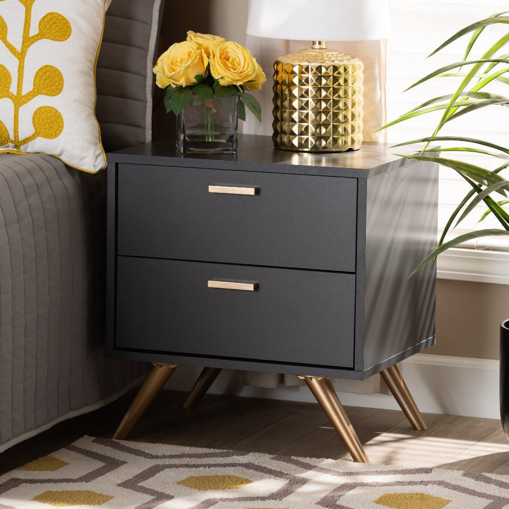 Baxton Studio Kelson Modern and Contemporary Dark Grey and Gold Finished Wood 2-Drawer Nightstand WHI-LV19ST1924-Dark-Grey-NS