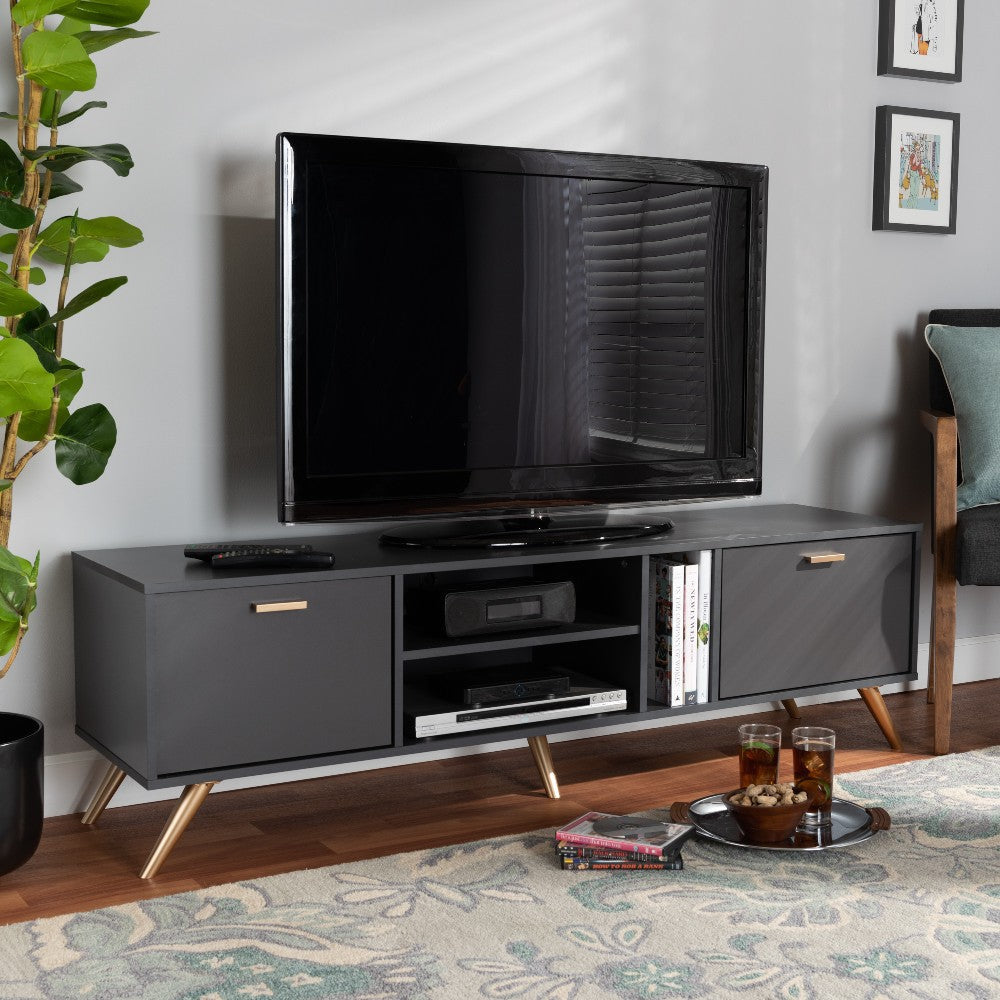 Baxton Studio Kelson Modern and Contemporary Dark Grey and Gold Finished Wood TV Stand WHI-LV19TV1912-Dark-Grey-TV