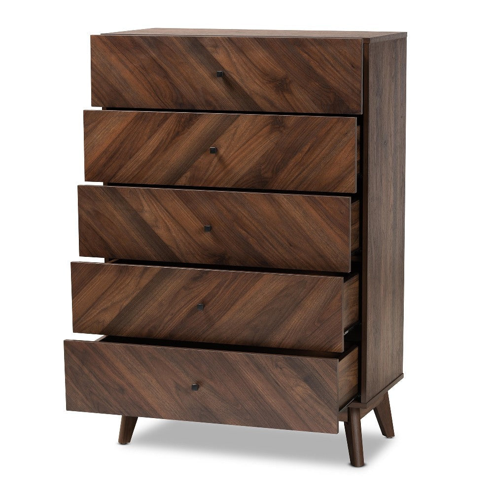 Baxton Studio Hartman Mid-Century Modern Walnut Brown Finished Wood 5-Drawer Storage Chest WHI-LV23COD23231WI-Columbia-5DW-Chest