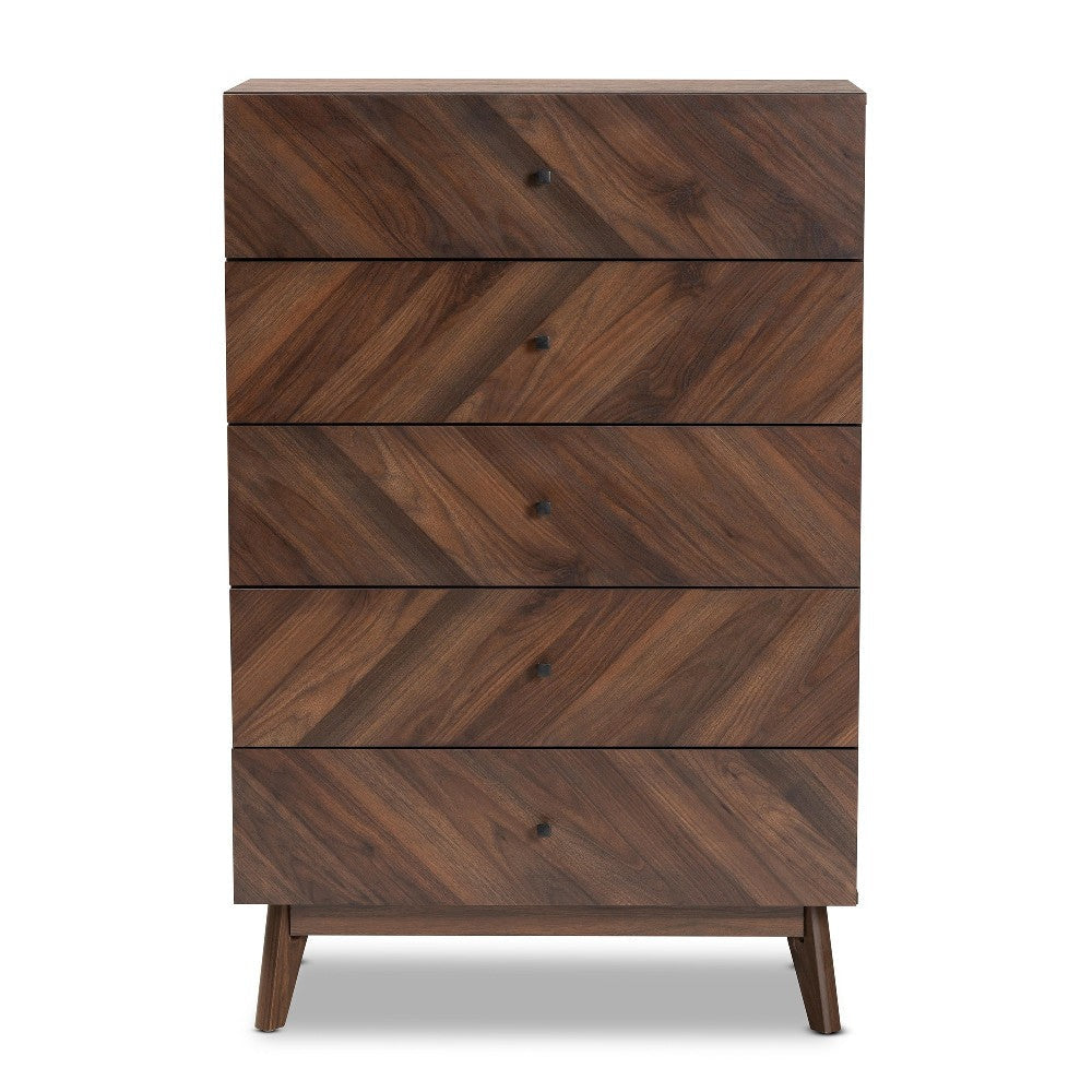 Baxton Studio Hartman Mid-Century Modern Walnut Brown Finished Wood 5-Drawer Storage Chest WHI-LV23COD23231WI-Columbia-5DW-Chest