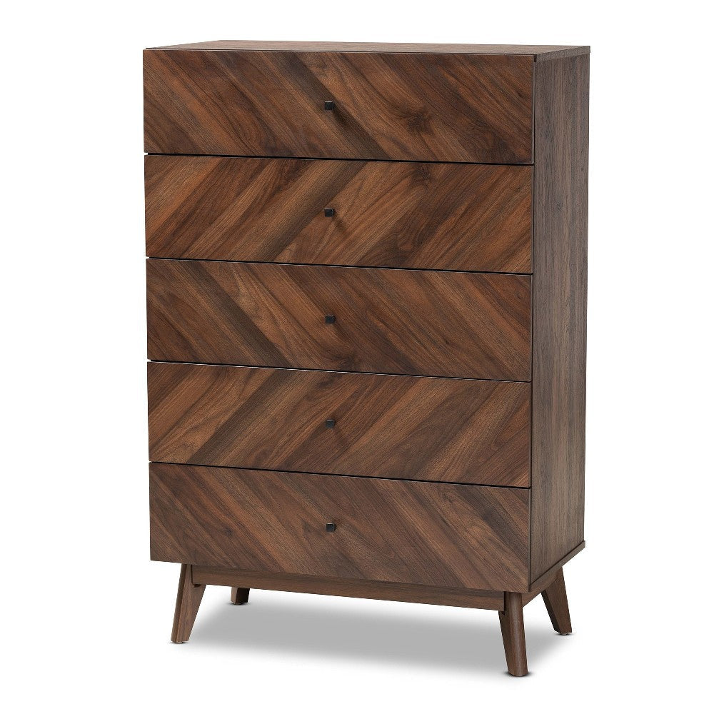 Baxton Studio Hartman Mid-Century Modern Walnut Brown Finished Wood 5-Drawer Storage Chest WHI-LV23COD23231WI-Columbia-5DW-Chest