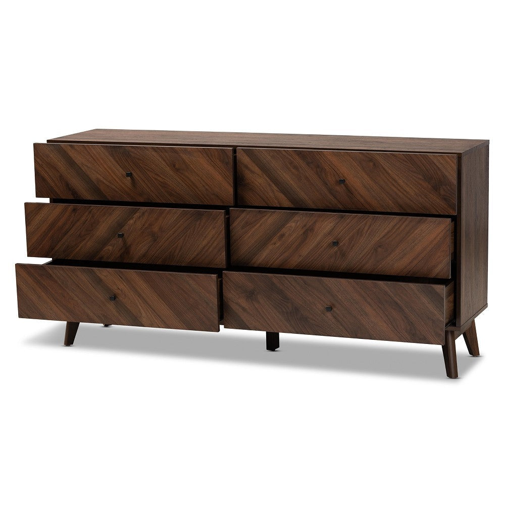 Baxton Studio Hartman Mid-Century Modern Walnut Brown Finished Wood 6-Drawer Dresser WHI-LV23COD23232WI-Columbia-6DW-Dresser