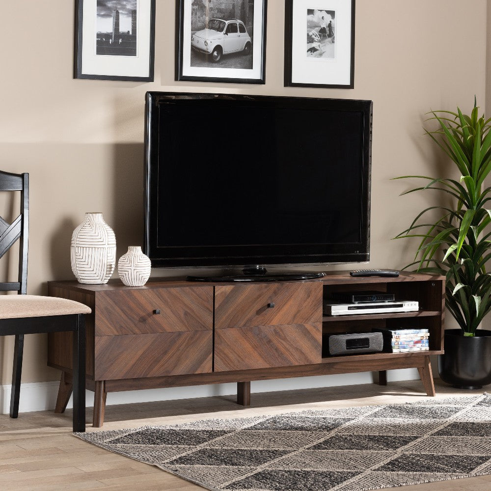 Baxton Studio Hartman Mid-Century Modern Walnut Brown Finished Wood TV Stand