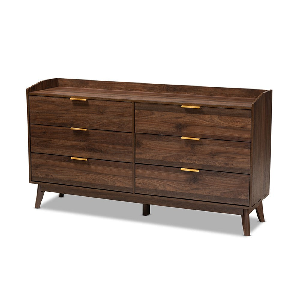 Baxton Studio Lena Mid-Century Modern Walnut Brown Finished 6-Drawer Wood Dresser WHI-LV4COD4231WI-Columbia-6DW-Dresser