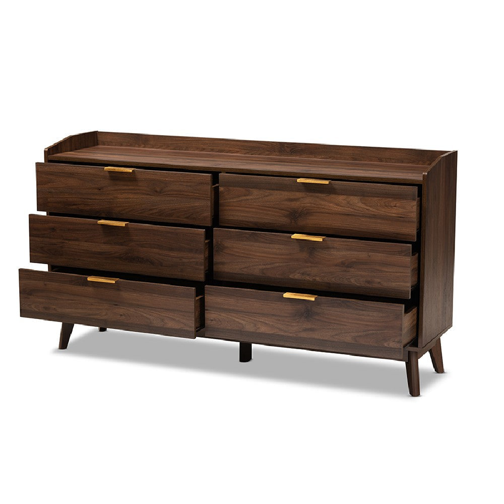 Baxton Studio Lena Mid-Century Modern Walnut Brown Finished 6-Drawer Wood Dresser WHI-LV4COD4231WI-Columbia-6DW-Dresser