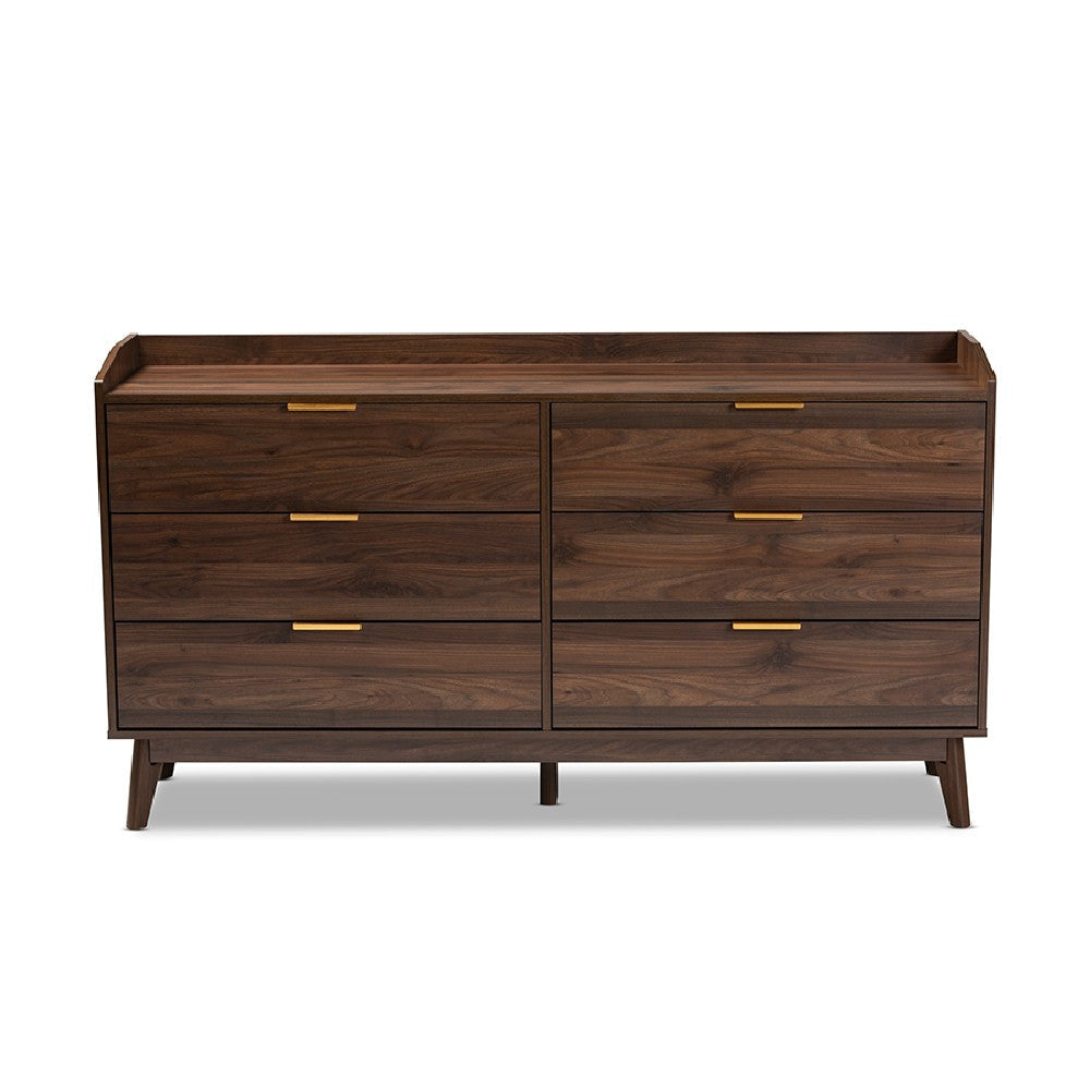 Baxton Studio Lena Mid-Century Modern Walnut Brown Finished 6-Drawer Wood Dresser WHI-LV4COD4231WI-Columbia-6DW-Dresser