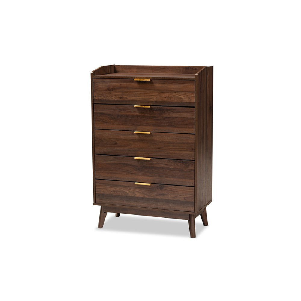 Baxton Studio Lena Mid-Century Modern Walnut Brown Finished 5-Drawer Wood Chest WHI-LV4COD4232WI-Columbia-5DW-Chest