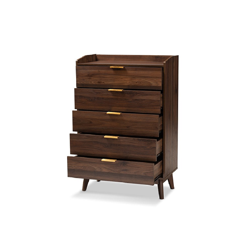 Baxton Studio Lena Mid-Century Modern Walnut Brown Finished 5-Drawer Wood Chest WHI-LV4COD4232WI-Columbia-5DW-Chest