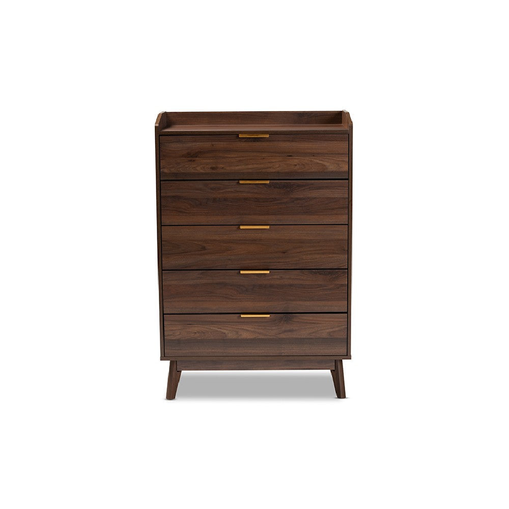 Baxton Studio Lena Mid-Century Modern Walnut Brown Finished 5-Drawer Wood Chest WHI-LV4COD4232WI-Columbia-5DW-Chest