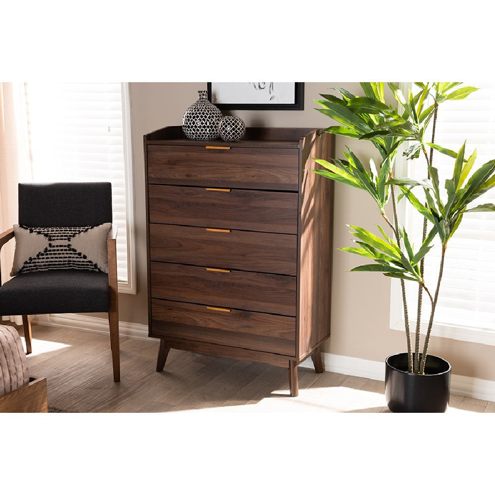Baxton Studio Lena Mid-Century Modern Walnut Brown Finished 5-Drawer Wood Chest